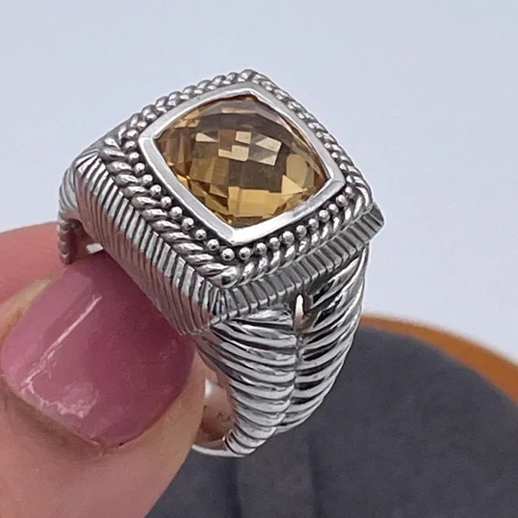 Judith Ripka Citrine Cushion Ring Sterling Silver 925 Double Cable Shank Size 8 - Picture 2 of 10